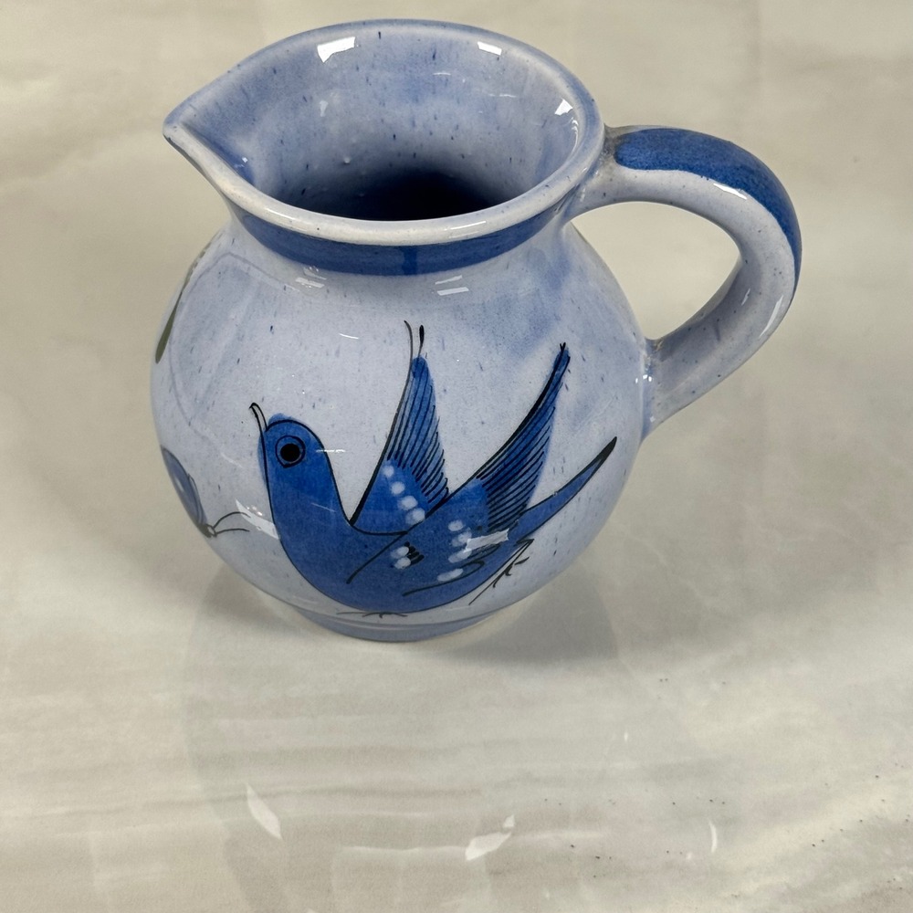 Small‎ Shade of Blue Tonala Pitcher Bird Flowers Mexico 4.5" Artisan Handmade